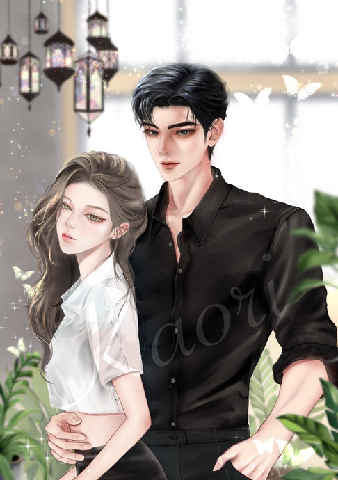 Waist up 2 ตัวละคร พื้นหลังมีรายละเอียดซับซ้อน